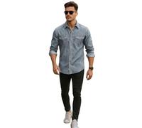 True Face Chemise en jean pour homme 100 % coton multi-poches à manches longues et col boutonné effet délavé