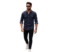 True Face Chemise en jean pour homme 100 % coton multi-poches à manches longues et col boutonné effet délavé, bleu marine, XXL