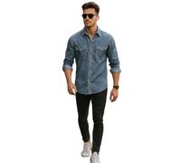True Face Chemise en jean pour homme 100 % coton multi-poches à manches longues et col boutonné effet délavé, Noir délavé, L