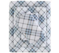 True North by Sleep Philosophy Parure de lit 4 pièces en flanelle chaude 100 % coton - Imprimé animaux, étoiles, mignons, ultra douce pour temps froid, très grand lit californien, carreaux bleus