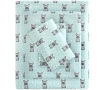 True North by Sleep Philosophy Parure de lit Confortable en Flanelle 100% Coton Ultra Doux pour Temps Froid, Grand lit, Bouledogue français Turquoise 4 pièces