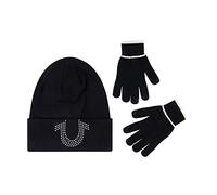 True Religion Ensemble bonnet et gants pour cran tactile, bonnet d'hiver en tricot avec logo en strass et moufles pour cran tactile, noir, taille unique, noir, taille unique