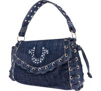True Religion Femme Studded Horseshoe Eyelet Flap Bag, Crossbody Shoulder Handbag with Logo and Stud Details Sac à Rabat, Denim foncé