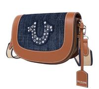 True Religion Femmes Studded Logo Flap Bag, Rhinestone Horseshoe Canvas Strap Shoulder Handbag Sac à Rabat, Denim
