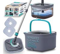 True & Tidy Système de vadrouille et de Seau True Clean Spin, Un Seau de vadrouille à Double Compartiment et 2 tampons de vadrouille épais et lavables en Microfibre, SPIN-800A, Gris