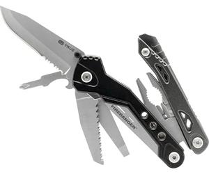 True Utility Fireranger : 11 fonctions, couteau à lame dentée, scie, tournevis cruciforme, lime, pince, coupe-câble, décapsuleur, sifflet de sauvetage et silex