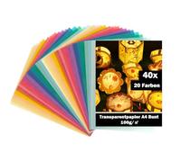 TRUEIN Papier Calque Couleur A4 100g/m², 40 Feuilles 20 Couleurs, Papier Transparent Imprimable, Papier Vitrail pour Lanternes DIY, Dessin, Scrapbooking, Fabrication de Cartes et Loisirs Créatifs