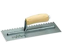 Truelle dentelée de Marshalltown, encoche:SQ-6x10x6 mm avec manche en bois courbé, en acier, pour carreleurs, dimensions : 279x114 mm