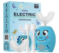 Trueocity Brosse à dents électrique automatique en forme de U pour enfants | Tête de brosse en silicone en forme de U à 360° | Nettoyage doux pour enfants de 2 à 7 ans | Motif dinosaure (bleu)