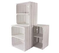 Truhenking Lot de 4 caisses en bois blanc avec étagère centrale supplémentaire (courte) comme étagère à chaussures ou à livres, caisses à fruits avec planche intermédiaire, caisses à vin, caisses à
