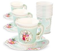 Talking Tables Gobelets Jetables Lot de 12, Gobelet Carton avec Soucoupe, Gobelet Café ou Thé à Motif Floral, Gobelet Anniversaire, Baby Shower et Mariage, Set Gobelets Menthe, Hauteur 8 cm