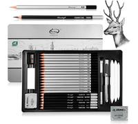 Trust-Crayons D'artiste Professionnels, Set De 30 Pièces Avec 15 Crayons De Dessin + 6 Crayons De Fusain + 8 Accessoires + Étui En Métal Argenté, Conçu Pour Les Débutants