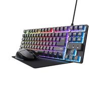 Trust GXT 1794 Set Clavier Gaming QWERTZ DE Disposition avec souris sans fil et tapis de souris, Pack de jeu LED 3 en 1, Souris sans fil rechargeable 80 heures d'autonomie, Clavier USB TKL compact PC,