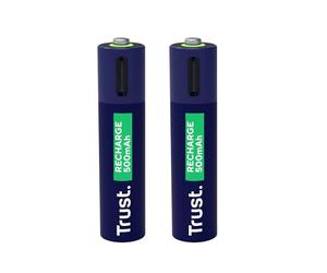 Trust Piles AAA Rechargeables USB-C, Accu Capacité 500 mAh, Lot de 2 | Port USB-C Intégré, Aucun Chargeur de Batterie Nécessaire, Charger Via Chargeur de Téléphone/Câble USB, 2PCS