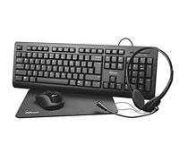 Trust Primo Kit Télétravail 4-en-1 Clavier Français AZERTY, Souris sans Fil, Casque avec Micro, Tapis, Pack de Visioconférence, Ensemble pour Bureau, Travail, Windows, Mac, PC, Portable - Noir
