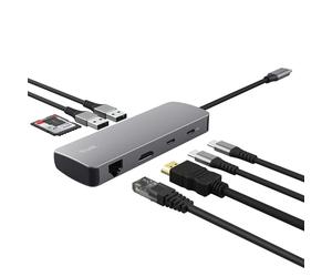 Trust Vylor Hub USB C 8-in-1 Adaptateur HDMI 4K@60Hz Gigabit Ethernet | Lecteur de Cartes MicroSD/SD, USB-C USB-A, Port de Charge 100W, Docking Station PC Ordinateur Portable Dell HP MacBook
