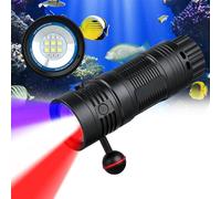 TrustFire DF50S Lampe de plongée sous-marine rechargeable avec lumière blanche et lumière rouge et UV, étanche IP68 avec indicateur de batterie