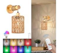 TRUYOK Applique Murale Interieure E27 Lampe Murale Sans Fil Rechargeable USB avec Télécommande Bois Vintage Lampe Murale RGB Applique Lampes Bohème Rotin Pour Chambre Chevet Couloir Salon