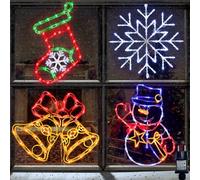 TRWYMZ Lot de 4 Décorations Lumineuses de Noël pour Fenêtre avec Prise EU | Décorations LED de Noël (flocon de neige, bonhomme de neige, cloche, chaussette de Noël) pour int&ext,murs,portes&fenêtres
