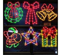 TRWYMZ Lot de 6 Décorations Lumineuses de Noël pour Fenêtre avec Prise EU | Décorations LED de Noël (couronne, nœud, étoile, cloche, Père Noël, cadeau) pour int&ext,murs,portes&fenêtres