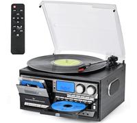Trynnay Platine Vinyle 10-en-1 Style Vintage avec télécommande Noir | Haut-parleurs intégrés, entrée/sortie BT, AM/FM, 3 vitesses, lecture CD/USB/SD/AUX/RCA, enregistrement, arrêt automatique