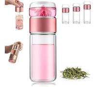 Tryteava Glass Infuser, Teava 3-in-1 Smart Tea Infuser, Portable Glass Double Wall Tea Infusers Bottle with Heat, One-Touch Brewing Mug for Home, Office, or Travel Use (420ml,Pink)