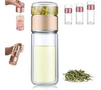 Tryteava Glass Infuser, Teava 3-in-1 Smart Tea Infuser, Portable Glass Double Wall Tea Infusers Bottle with Heat, One-Touch Brewing Mug for Home, Office, or Travel Use (420ml,Gold)