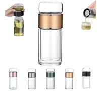 Tryteava Glass Infuser, Tryteava 3-in-1 Smart Glass Infuser -Double-Walled Borosilicate with 304 Stainless Steel Filter, for Blooming/Loose Leaf Tea,for Home, Office & Travel (Gold,350ml)