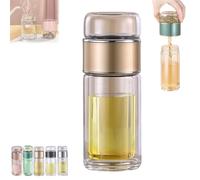 Tryteava Glass Infuser, Tryteava 3-in-1 Smart Tea Infuser, Hot & Cold Brew Flip & Brew Design, Double Layer Portable Tea Water Separation Infusible Cup for Loose Leaf and Blooming (Gold,350ML)