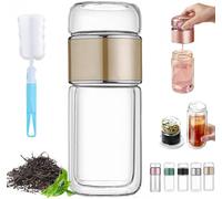 Tryteava Glass Infuser, TryTeava Leak-proof Tea Infuser, Double Layered Glass, Portable 3-in-1 Tea Maker, with Filter & Lid, for Loose Leaf (Gold,280ml)