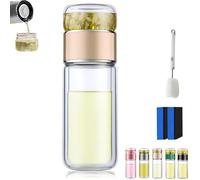 Tryteava Infuseur à thé en verre, infuseur à thé portable, design intelligent 3 en 1, à double paroi, anti-fuite, pour thé chaud ou froid, feuilles et fleurs en vrac (doré, 420 ml)