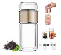 Tryteava - Infuseur à thé intelligent 3 en 1, tasse à thé en verre double couche, infuseur à thé portable à double paroi, design Flip & Brew, pour fleurs et thés en vrac (doré, 280 ml)