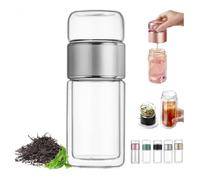 Tryteava - Infuseur à thé intelligent 3 en 1, tasse à thé en verre double couche, infuseur à thé portable à double paroi, design Flip & Brew, pour fleurs et thés en vrac (argent, 280 ml)