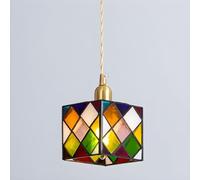 TS TAC-SKY Luminaire Suspendu Carré en Verre Tiffany, Plafonnier Vintage À 1 Lumière en Laiton for Îlot De Cuisine, Hall D'entrée, Couloir, Bar, Salle À Manger, Restaurant(Rhombus Multi-Color)