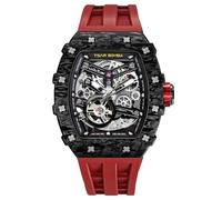 TSAR BOMBA Montre Automatique pour Homme - Luxe Fibre Carbone - Mouvement Japonais - Verre Saphir - Étanche 50m - Bracelet en Silicone - Design Classique Tonneau - Calendrier Lumineux