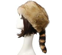 TSBB Chapeau d'hiver en Peluche avec Queue de Raton Laveur,Chapeau Plat en Peluche Unisexe pour Adulte,Chapeau Mongol de Style Mignon avec Queue de Raton Laveur,pour Femme et Adolescente,décontracté