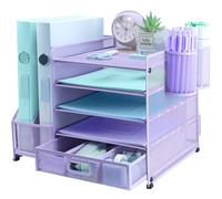 TSDRBWO Organisateur de bureau avec porte-documents, 2 porte-stylos, bac à lettres à 5 niveaux avec tiroir, rangement de bureau en maille avec porte-magazine pour fournitures de bureau, violet