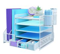 TSDRBWO Organisateur de Bureau avec Porte-Documents et 2 Porte-stylos, bac à Lettres à 5 Niveaux avec tiroir, Rangement de Bureau en Maille avec Porte-Magazine pour Fournitures de Bureau, Blanc