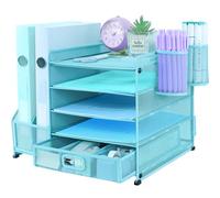 TSDRBWO Organisateur de bureau avec porte-documents et 2 porte-stylos, bac à lettres en papier à 5 niveaux avec tiroir, rangement de bureau en maille avec porte-magazine pour fournitures de bureau