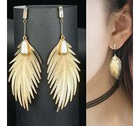 TseenYi Boucles D'oreilles Longues Feuilles De Plumes - Perles Boho, Clous De Cristal, Feuille D'or - Bijoux Pour Femmes