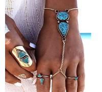 TseenYi Bracelet en argent avec bague turquoise - Bracelet bohème - Chaîne d'esclave - Bijoux pour femmes et filles, 1 Count (Pack of 1), Métal Pierre