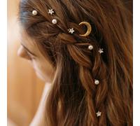 TseenYi Moon Star Hair Pins Gold Pearl Bobby Pins Rhinestone Star Hair Clips Pearl Star Moon Hair Pins Sets CZ Star Pearl Crescent Bobby Clip Crystal Bridal Wedding Hairclip 5 PCS