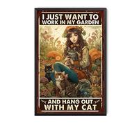 TSEZLOJH Plaque en métal avec inscription « I Just Want to Work in My Garden and Hang Out with My Cat » - Décoration murale de cuisine - 20,3 x 30,5 cm - Cadre en métal