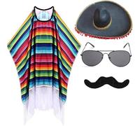 Tsffae 1 Ensemble De Costumes De Fête Mexicaine pour Adultes, Comprenant Un Poncho Mexicain Serape, Un Chapeau Sombrero, des Lunettes De, Une Fausse Moustache pour Halloween, Un Carnaval, Un Costume