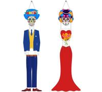 Tsffae 2 Pièces Mexique Jour des Morts Porche Signe Halloween Fête Décor Extérieur Squelette Couple Mariée Marié Porte Drapeaux Suspendus Crânes Horreur Drapeau Suspendu