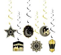 Tsffae Bannière Eid Ramadan Mubarak, Décoration De Plafond Suspendue en Spirales Métallisées, Lanternes Lune Étoiles Noires Dorées pour Les Fêtes Musulmanes.