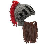 Tsffae Bonnet Chapeau Hommes Cosplay Chevalier Romain en Forme De Casque Coupe-Vent Casquette Perruque Barbe Chapeau Fait À Main Tricot Chapeau pour