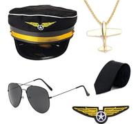 Tsffae Kit De Costume De Capitaine De Pilote De Ligne Aérienne, Ensemble D'accessoires De Déguisement De Pilote avec Lunettes De d'aviateur, Accessoires De Costume 5 Pièces/Ensemble