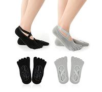 TSHAOUN 2 paires chaussettes yoga, chaussettes à cinq orteils, chaussettes antidérapantes pour femmes avec semelles en caoutchouc pour yoga,pilates,fitness. taille : UK 4-6 | EUR 36-39 (2 couleurs)