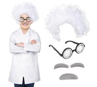 TSHAOUN 4 Pièces Professeur Fou Perruque avec Moustache et Sourcils Blanc Perruque Savant Fou Grand-père PerruqueLunettes Nerd Deguisement Vieil pour Cosplay Carnaval Halloween Costume Fête (4PCS)